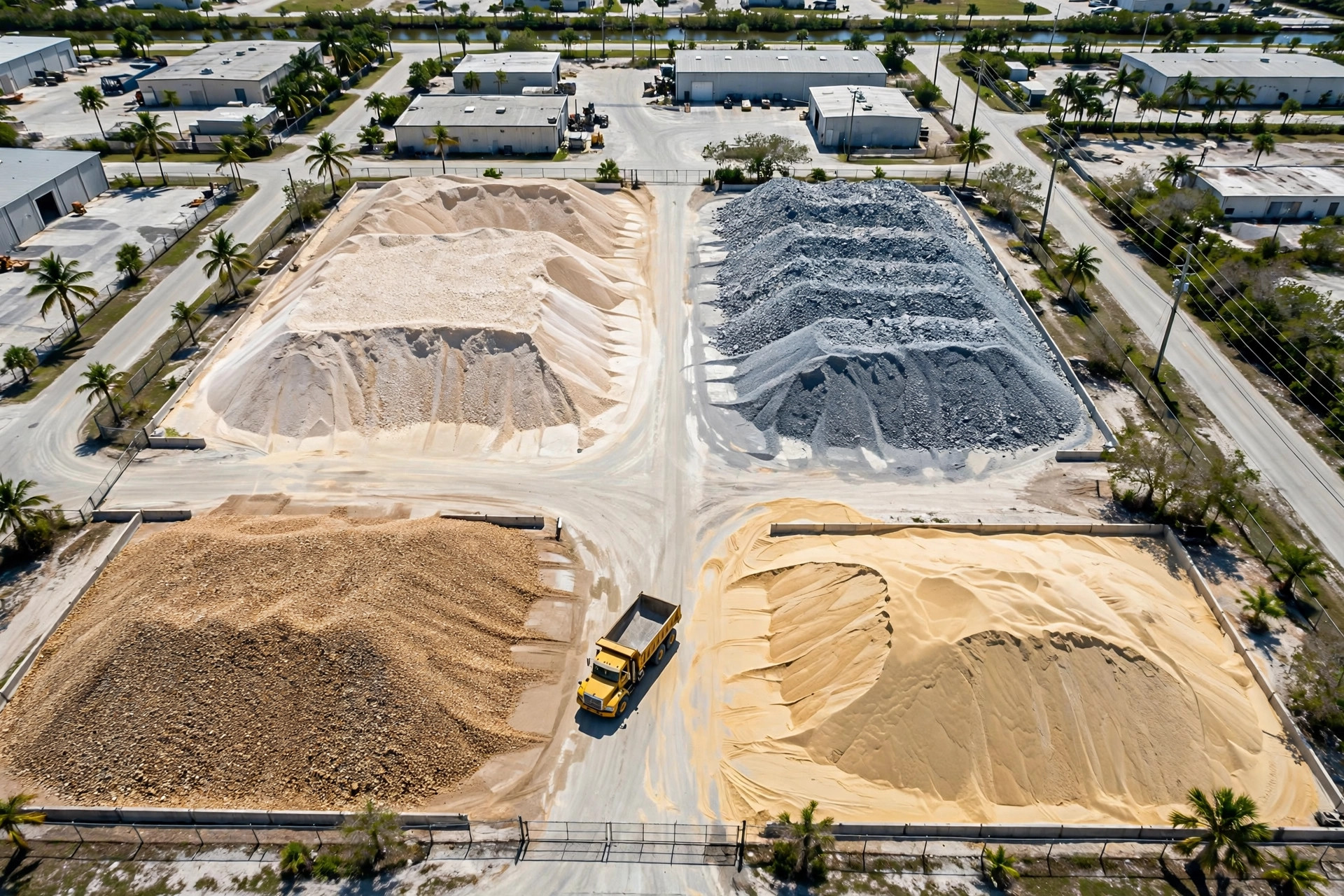 Aerial view of an aggregate supply yard with stockpiled gravel, sand, and limestone
